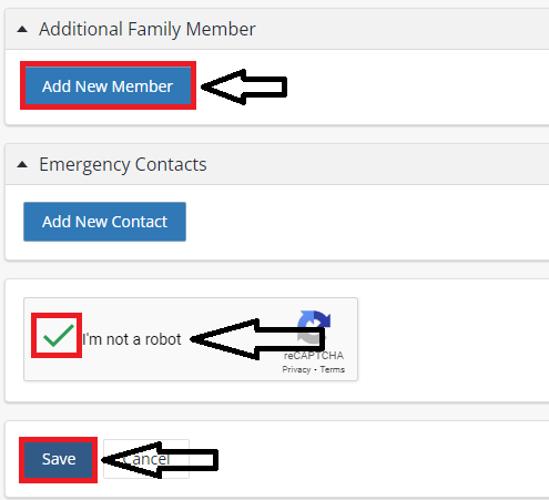 This image shows the form in which you input additional family members, check the box to state you are not a robot and the save button boxes.